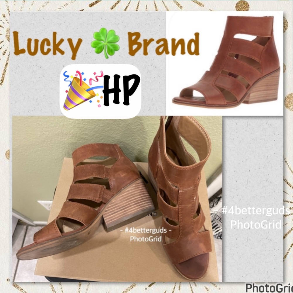 Lucky Brand Sortia Leather Brown PeepToe Stacked Heel Caged Straps Box 7.5M 37.5